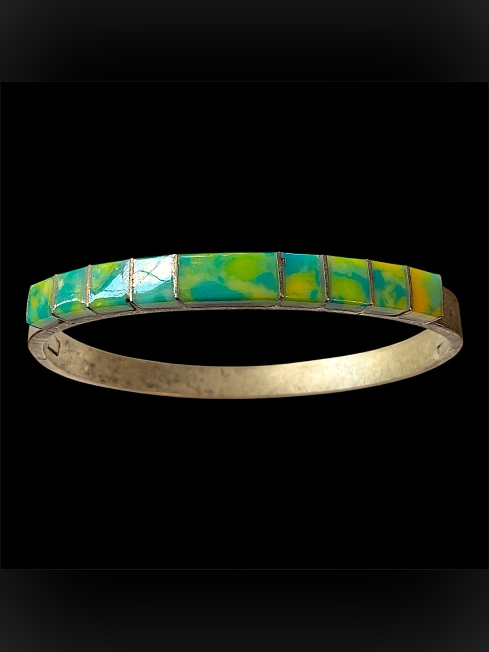 Vintage Mexico Acrylic Blue Green Inlay Silver Tone Bangle Bracelet